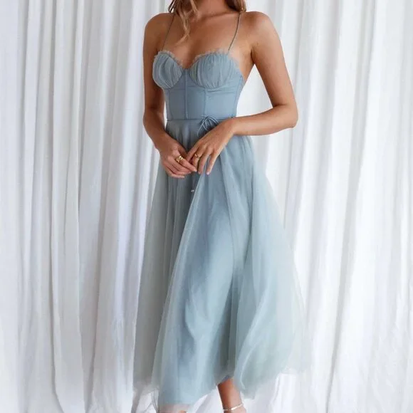 Angel Biba Smitten Sweetheart Neckline Chiffon Midi Dress in Blue Sage - Picture 2 of 8